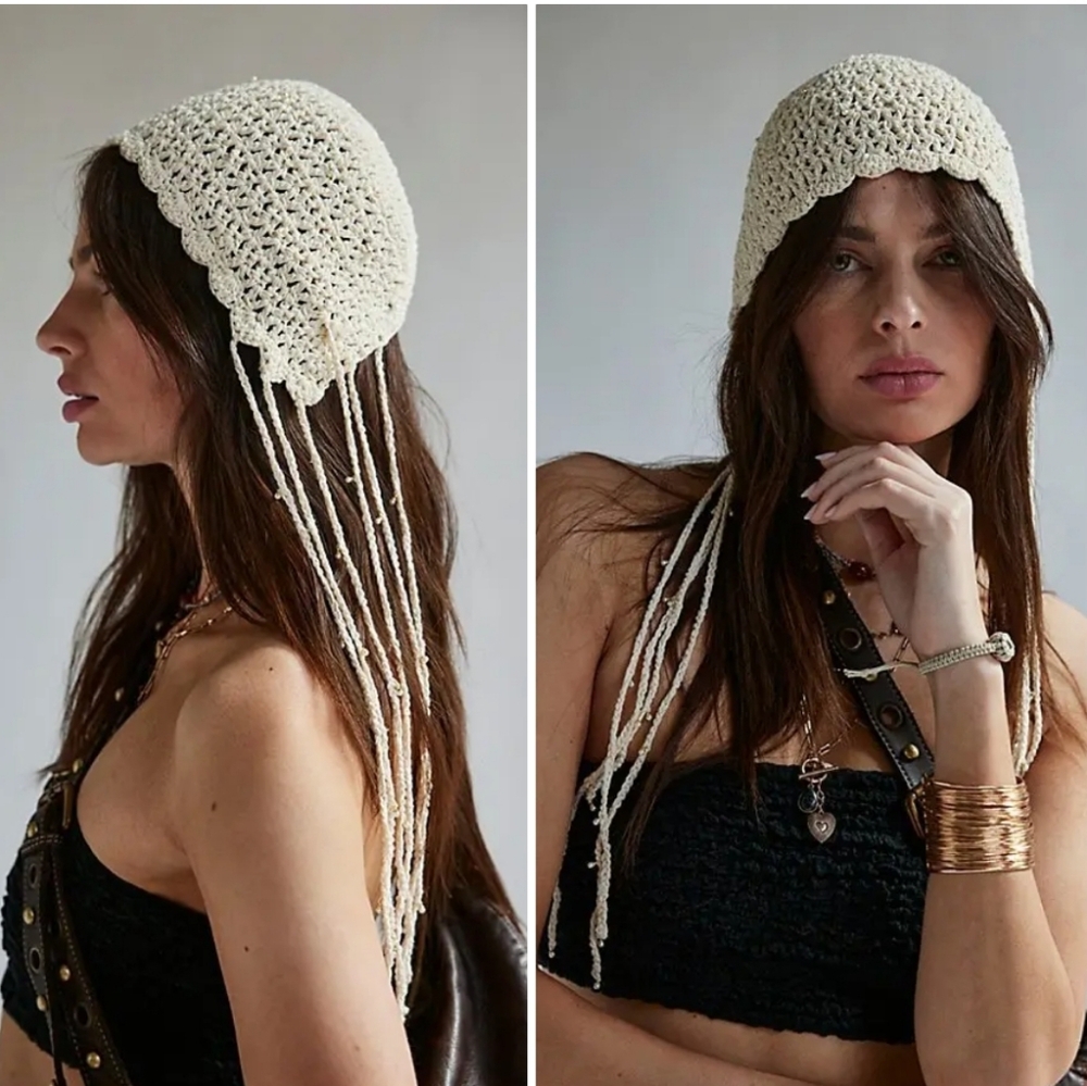 Free People Pearly Embellished Knit Bonnet/Ivory